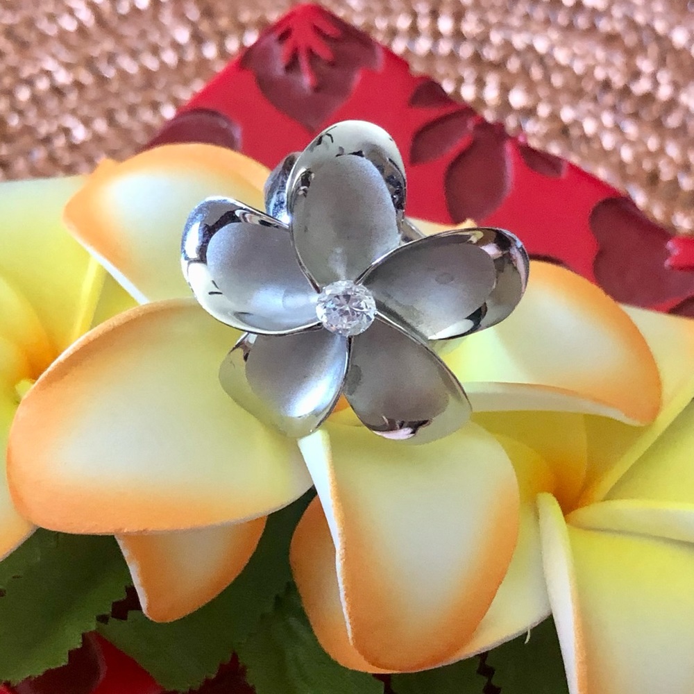 Hawaiian Plumeria Ring Silver 925 Large With Rhinestone Size 9.5